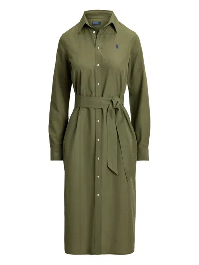 Polo Ralph Lauren Cotton And Linen Shirt Dress With Belt In Green