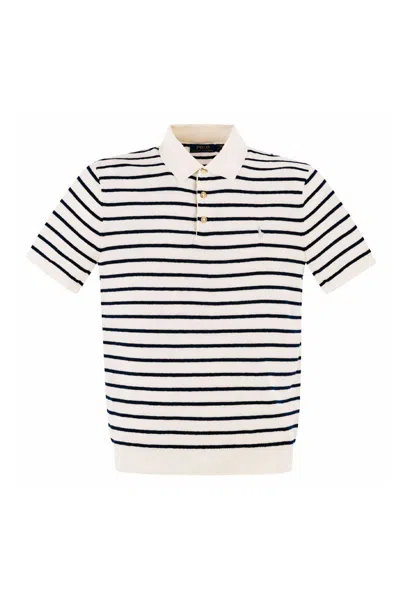 Polo Ralph Lauren Cotton And Linen Striped Knitted Polo Shirt In Burgundy