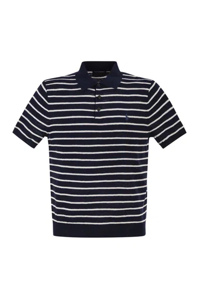 Polo Ralph Lauren Cotton And Linen Striped Knitted Polo Shirt In Brown