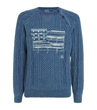 Polo Ralph Lauren Cotton Aran-knit Flag Sweater In Navy