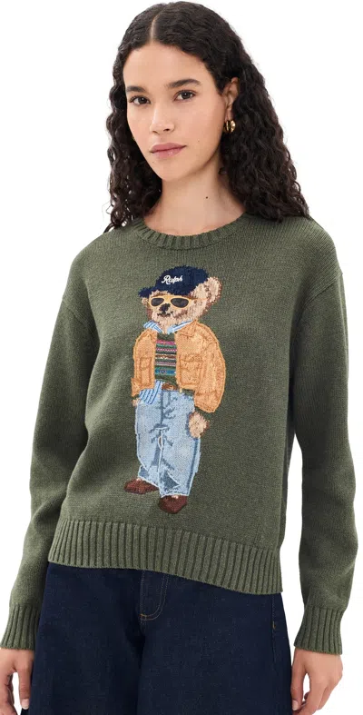 Polo Ralph Lauren Cotton Bear Long Sleeve Crew Neck Pullover Marled Olive In Green