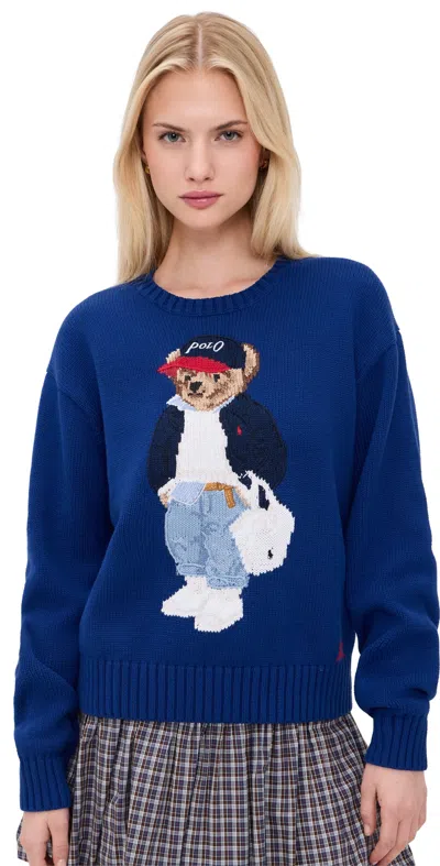 Polo Ralph Lauren Intarsia-knit Embroidered Polo Bear Crewneck Sweater In Blue