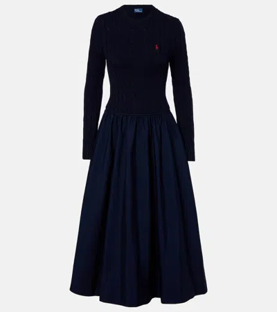 Polo Ralph Lauren Mixed Media Cable Stitch Long Sleeve Maxi Dress In Blue