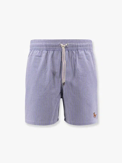 Polo Ralph Lauren Cotton Blend Striped Swim Trunk With Logo Embroidery In Blue