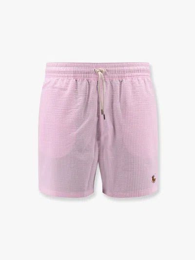 Polo Ralph Lauren Cotton Blend Striped Swim Trunk With Logo Embroidery In Pink