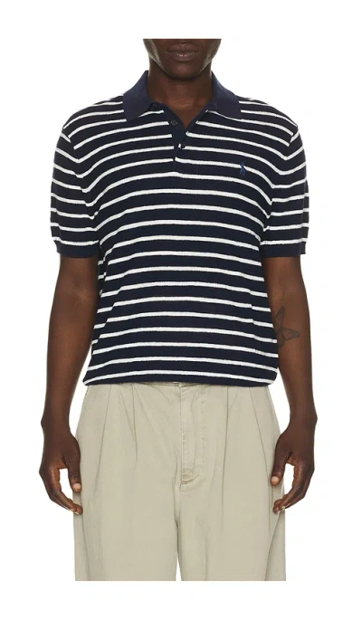 Polo Ralph Lauren Cotton Blend Textured 3 Button Placket Short Sleeve Polo Sweater In Blue