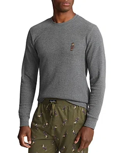 Polo Ralph Lauren Cotton Blend Waffle Knit Polo Bear Embroidered Long Sleeve Sleep Tee In Gray