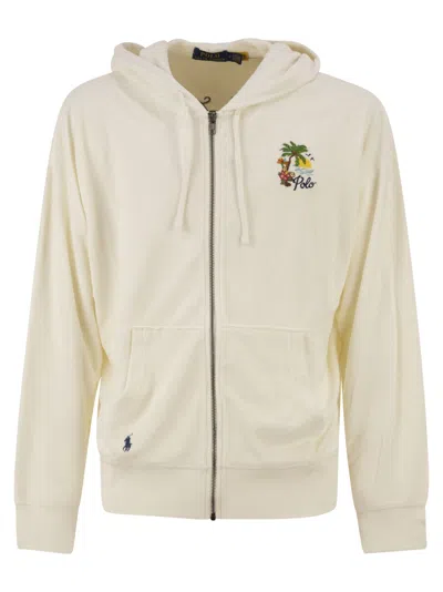 Polo Ralph Lauren Cotton Blend Zip Hoodie With Tropical Embroidery In Neutral