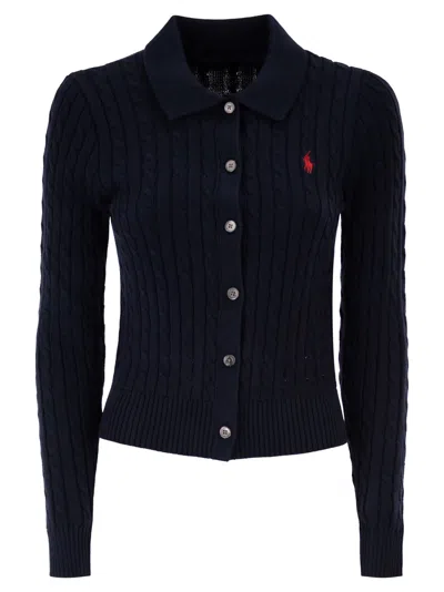 Polo Ralph Lauren Cotton Cable Knit Cardigan With Collar In Black