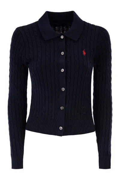 Polo Ralph Lauren Cotton Cable Knit Cardigan With Collar In Black