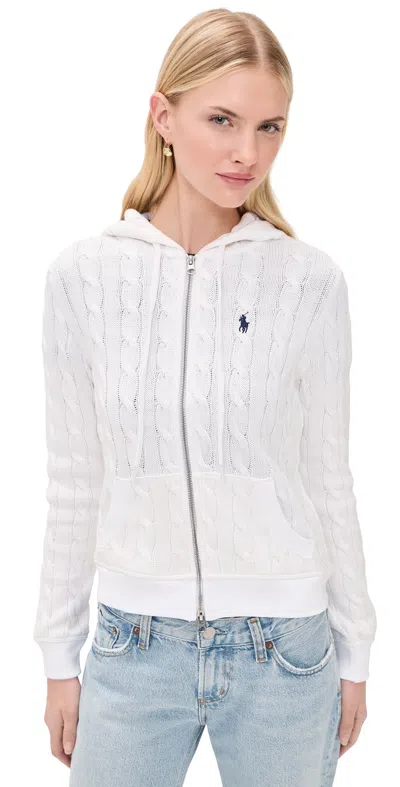 Polo Ralph Lauren Hooded Embroidered Cable-knit Cotton Cardigan In White