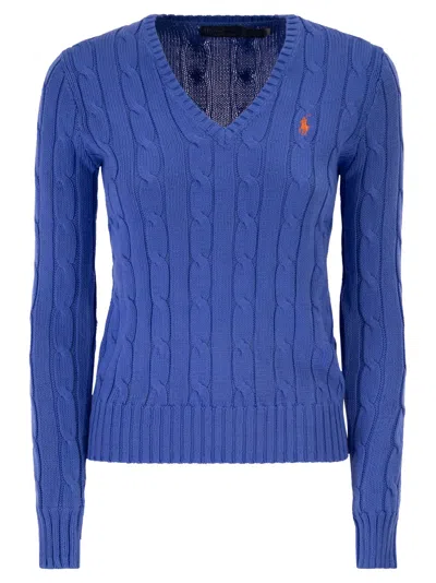 Polo Ralph Lauren Cotton Cable Knit Jumper With V Neck In Blue