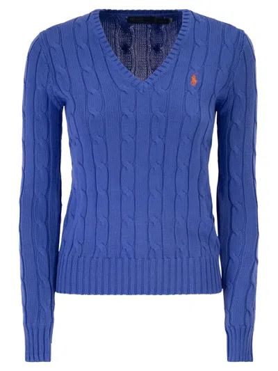 Polo Ralph Lauren Cotton Cable Knit Jumper With V-neck In Blue