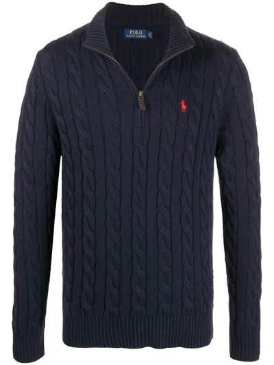 Polo Ralph Lauren Cotton Cable Knit Jumper With Zip Fastening In Blue
