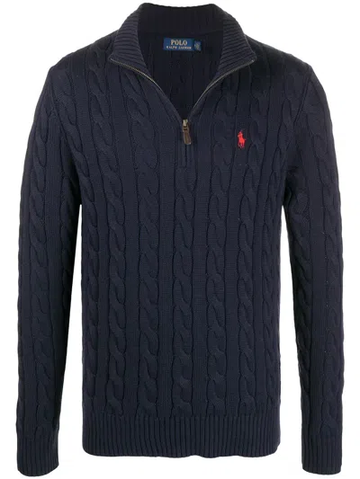 Polo Ralph Lauren Cotton Cable Knit Jumper With Zip Fastening In Blue