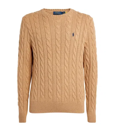 Polo Ralph Lauren Beige Cable Knit Crewneck Sweater With Pony Embroidery On The Front In Wool And Cashmere Man In Nude