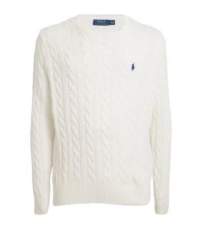Polo Ralph Lauren White Cable Knit Crewneck Sweater With Pony Embroidery On The Front In Wool And Cashmere Man In Neutral