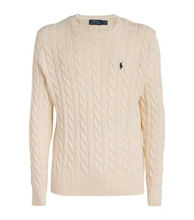 Polo Ralph Lauren White Cable Knit Crewneck Sweater With Pony Embroidery On The Front In Wool And Cashmere Man In Neutral