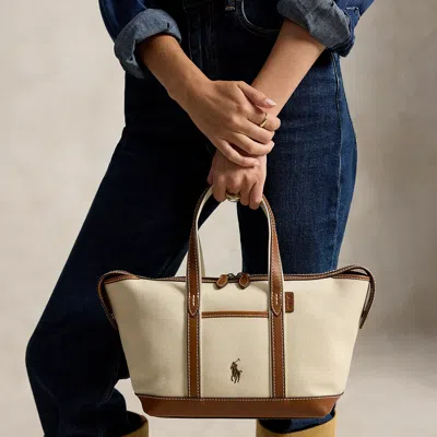 Polo Ralph Lauren Cotton Canvas Mini Shopper Tote In Ecru/cuoio In Neutral