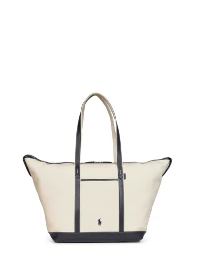 Polo Ralph Lauren Cotton Canvas With Leather Trim Shoulder Bag In Beige