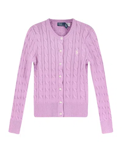 Polo Ralph Lauren Embroidered Cable-knit Cotton Cardigan In Purple