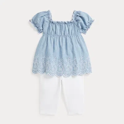 Polo Ralph Lauren Babies' Ralph Lauren Embroidered Cotton Chambray Top & Leggings Set In Blue