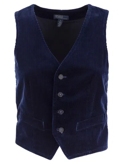 Polo Ralph Lauren Textured Cotton Gilet With V-neckline In Blue