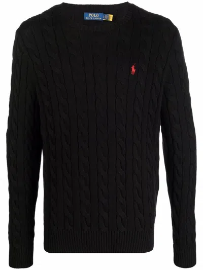 Polo Ralph Lauren Cotton Crewneck Sweater With Flat Braids And Logo In Black