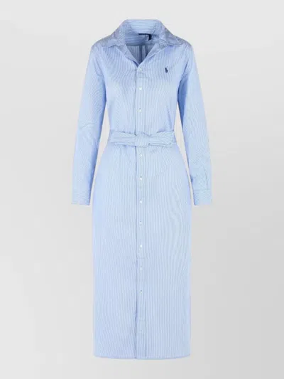 Polo Ralph Lauren Cotton Dress Belted Waist Long Sleeves Slits In Blue