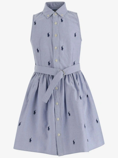 Polo Ralph Lauren Kids' Cotton Dress With All-over Logo In Blue Hyacinth