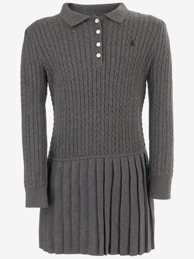 Polo Ralph Lauren Kids' Cotton Dress With Braided Detail And Pleated Skirt In Gray