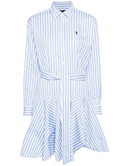 Polo Ralph Lauren Cotton Dress With Logo In Bianco-azzurro