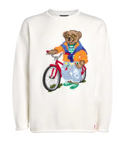 Polo Ralph Lauren Long Sleeve Cotton Novelty Harbor Island Bear Rollneck Sweater In White
