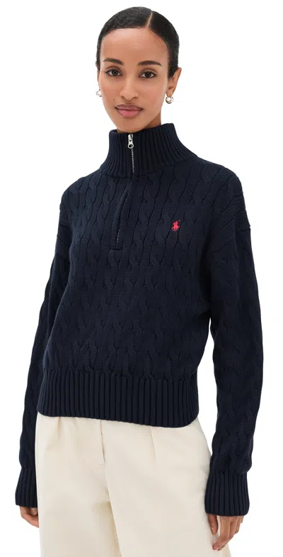 Polo Ralph Lauren Wool-cashmere Half-zip Cable-knit Sweater With Embroidered Pony In Blue