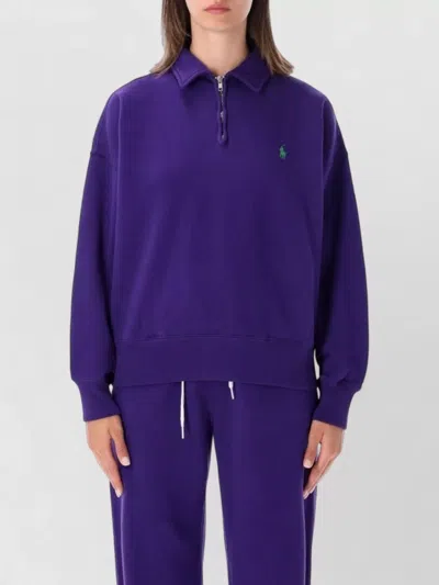 Polo Ralph Lauren Relaxed Polo Collar Half-zip Sweatshirt With Embroidered Pony In Purple
