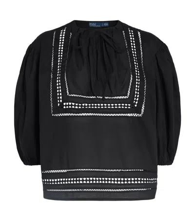 Polo Ralph Lauren Cotton Lace-trim Blouse In Black