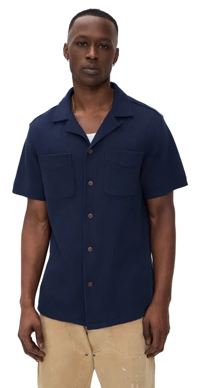 Polo Ralph Lauren Cotton Linen Waffle Knit Andy Camp Shirt Newport Navy In Blue