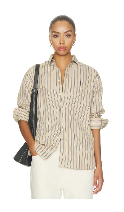 Polo Ralph Lauren Cotton Long Sleeve Blouse In Tan Royal Multi