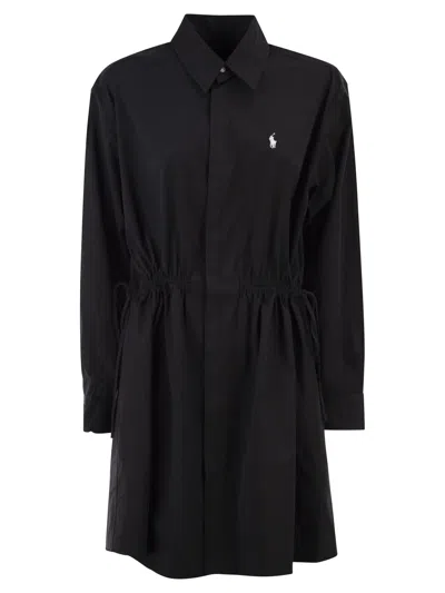 Polo Ralph Lauren Cotton Shirt Dress With Drawstring Waist In Black