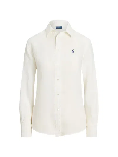 Polo Ralph Lauren Womens Classic Oxford White Logo-embroidered Classic-fit Linen Shirt