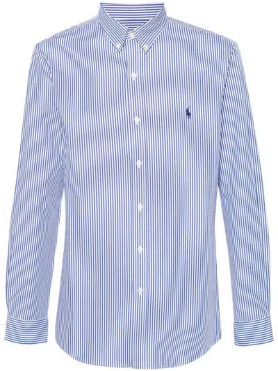 Polo Ralph Lauren Cotton Shirt With Blue And White Striped And Embroidered Logo In Blu E Bianco