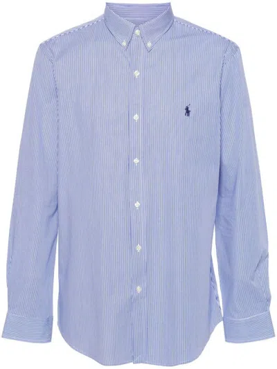 Polo Ralph Lauren Cotton Shirt With Embroidered Logo In Blu E Bianco