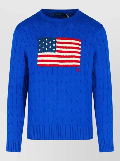 Polo Ralph Lauren Cotton Sweater Cable Knit Ribbed Trims In Blue