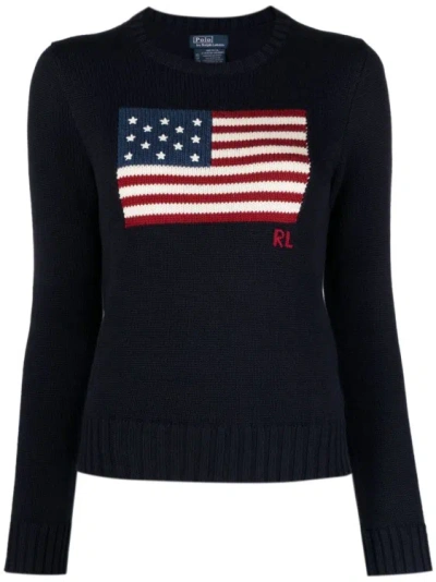 Polo Ralph Lauren Cotton Sweater With Flag Crew-neck In Blue