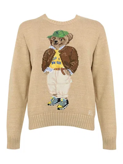 Polo Ralph Lauren Cotton Sweater With Polo Bear Intarsia In Neutral