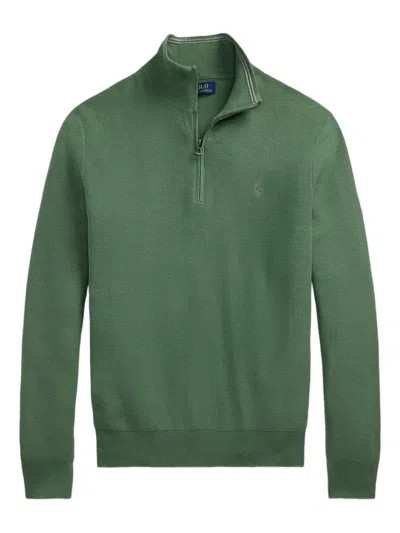 Polo Ralph Lauren Logo-embroidered Honeycomb-knit Cotton Half-zip Sweater In Green