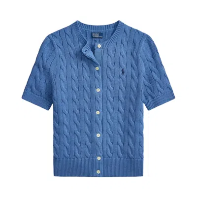 Pre-owned Polo Ralph Lauren Cotton-short Sleeve-crew Neck-cardigan-sweater 'nimes Blue' | Women's Size M