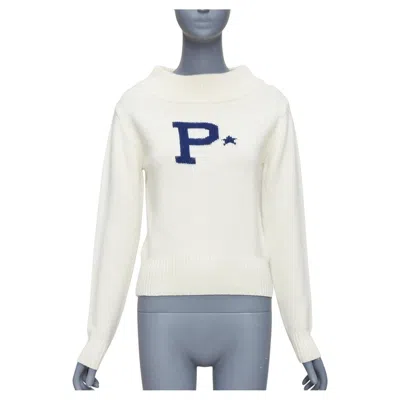 Pre-owned Polo Ralph Lauren Cream Blue Lambs Wool Cashmere P Star Sweater Xxs In White