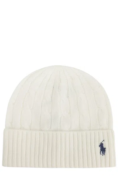 Polo Ralph Lauren Cream Cable Knit Hat With Turned-up Brim In Neutral