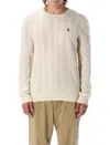 Polo Ralph Lauren Classic Cable-knit Sweater With Ribbed Hem And Embroidered Logo In Neutrals
